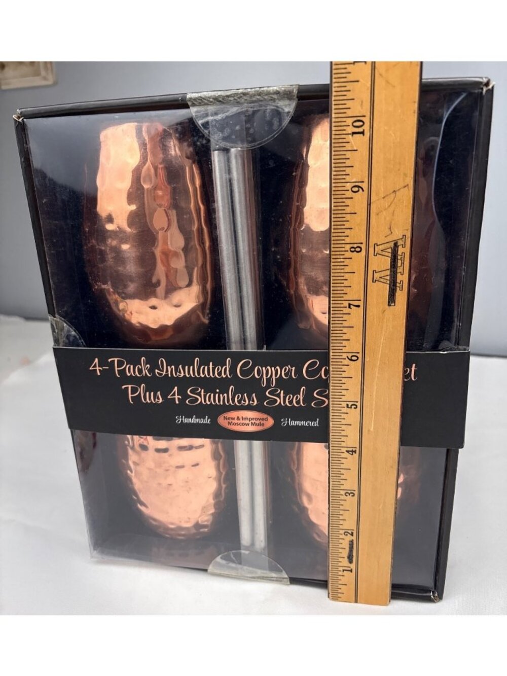 4-Pack Copper Cocktail Mugs Straws Set Handmade Hammered Insulated 18oz BPA-Free - Picture 7 of 11